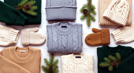 Warm winter clothes on a white wooden background. Knitted sweaters, hats, scarves, scarves, hats.の素材