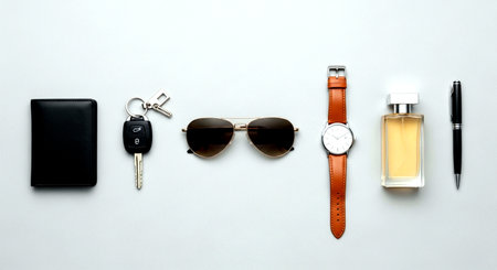 Men's accessories on a white background. Flat lay, top view.の素材