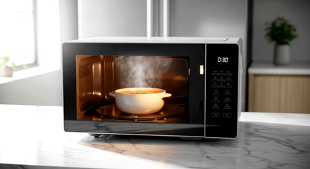 Microwave oven with hot soup on white marble table in kitchenの素材