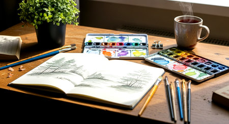 Paints, pencils and a cup of coffee on a wooden tableの素材