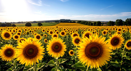 Sunflower field with blue sky and sunflowers in the backgroundの素材