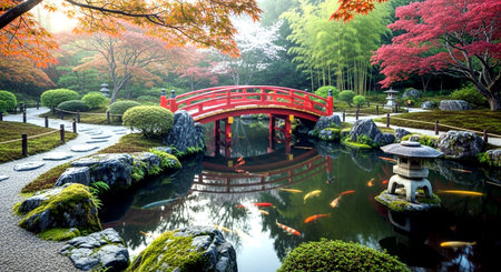 Japanese garden with red bridge and pond in autumn, Tokyo, Japanの素材