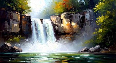 Waterfall on the river. Digital painting of a waterfall in the forest.の素材