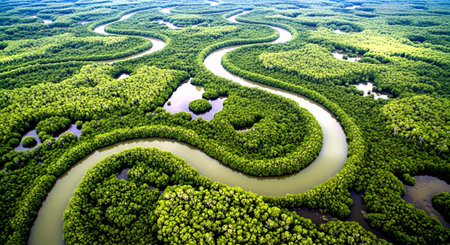 Aerial view of mangrove forest in Rayong province, Thailand.の素材