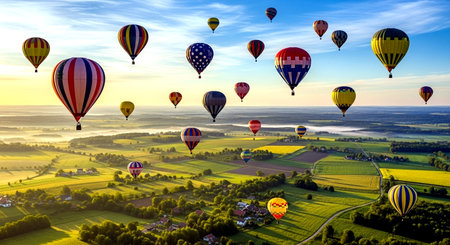 Hot air balloons fly over the countryside. Colorful hot air balloons in the blue sky.の素材