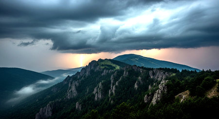 Panoramic view of the mountains at sunset. Dramatic sky. Carpathians, Ukraine, Europeの素材