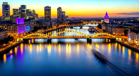 Panoramic view of Frankfurt am Main at sunset, Germany.の素材