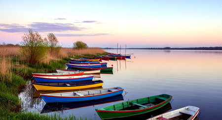 Colorful wooden boats on the lake at sunset. Landscape.の素材