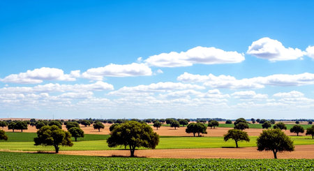 Agricultural field with trees and clouds in Alentejo, Portugalの素材