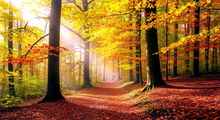 Autumn forest. Beautiful nature scene with sunbeams and rays of lightの素材