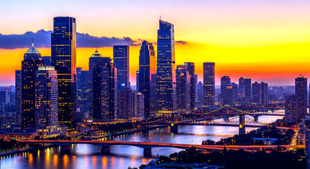 Shanghai skyline at dusk, China. Shanghai is the financial center of China.の素材