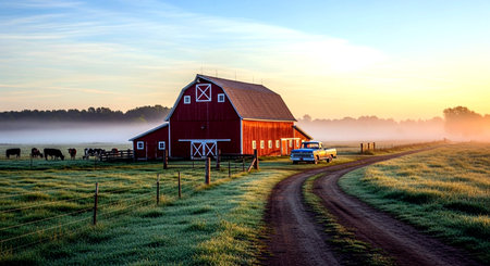 Foggy morning in the meadow and a red barn.の素材