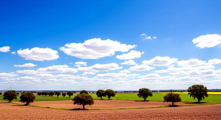 Landscape of a field with trees and clouds in the blue skyの素材