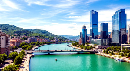 Panoramic view of Geneva lake and modern office buildings, Switzerlandの素材