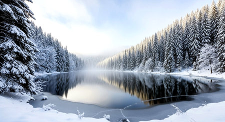 Winter landscape with snow covered trees and lake in Carpathian mountainsの素材