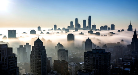 Panoramic view of Chicago downtown with skyscrapers in fogの素材