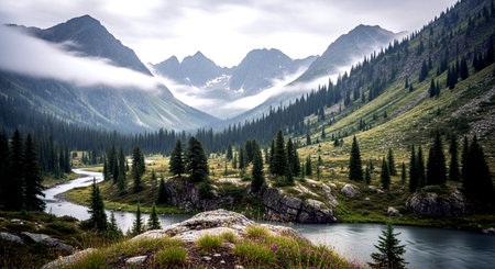 Mountain landscape with lake and forest in the foreground. Mountain Altai, Siberia, Russiaの素材