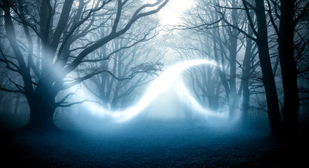 Mysterious foggy forest with glowing trail and trees. Halloween conceptの素材