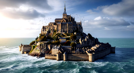 Mont Saint Michel, Normandy, France. Panoramic view of Mont Saint Michel Castle.の素材