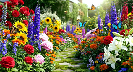 Flower garden with colorful flowers and butterflies. Floral background.の素材