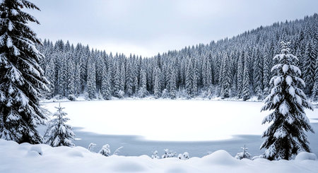 Winter landscape with snowy fir trees and lake in Carpathian mountainsの素材