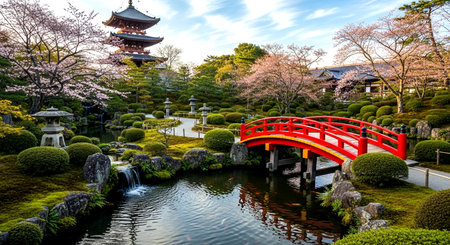 Japanese garden with cherry blossom and red bridge in Tokyo, Japanの素材
