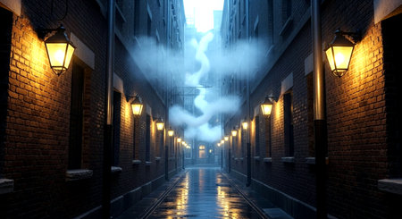 3D illustration of a city street at night with lights and fogの素材