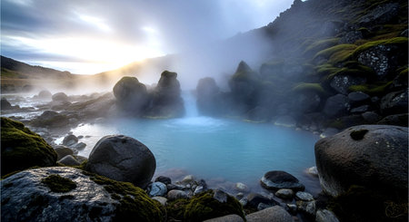 Panoramic view of a hot spring in Iceland, Europe.の素材