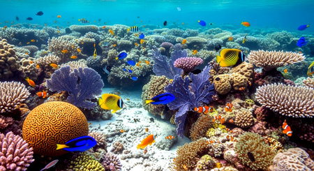 Underwater view of tropical coral reef with fishes and corals.の素材