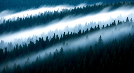 Foggy forest in the Carpathian mountains, Ukraine.の素材