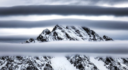 Panoramic view of snow capped mountain peaks covered with clouds.の素材