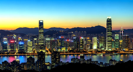 Hong Kong skyline at sunset. Hong Kong is the most densely populated of the five boroughs of Hong Kong.の素材