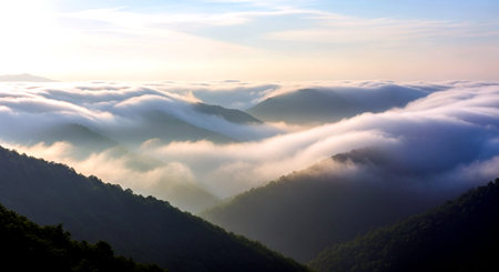 Mountain landscape with fog in the morning at Doi Ang Khang, Chiang Mai, Thailandの素材