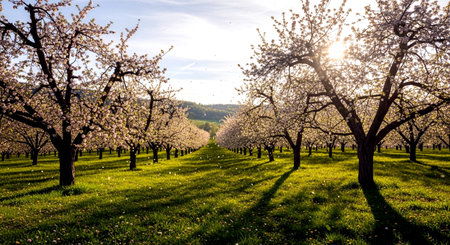 Beautiful blooming apple orchard in springtime on a sunny dayの素材
