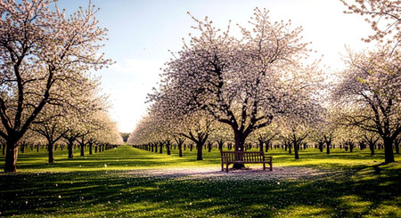 Blossoming apple orchard in spring time with bench and treesの素材
