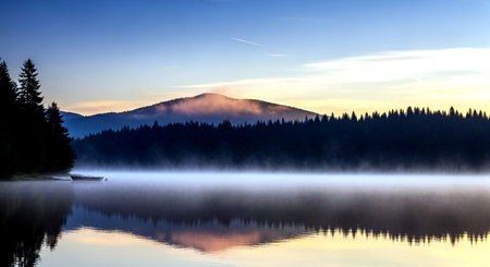 Sunrise on a lake in the mountains with fog in the foregroundの素材