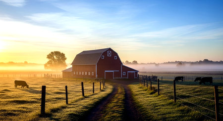 An image of a beautiful sunrise over a barn in the countryside.の素材
