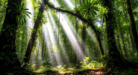 Sun rays shining through the trees in the rainforest of Hawaii.の素材