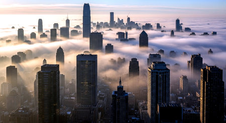 Aerial view of Chicago downtown skyscrapers in fog at sunrise.の素材