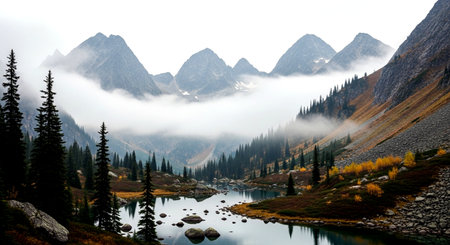 Mountain landscape with a lake in the middle of a foggy valleyの素材