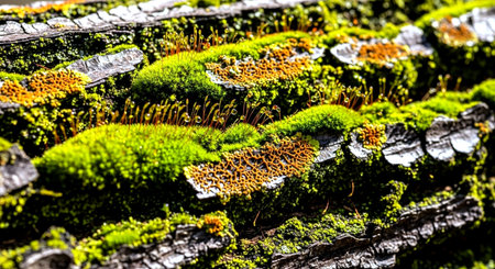 Moss on the bark of an old tree in the forest.の素材