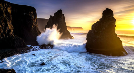 Famous Reynisfjara cliffs at sunset, Iceland, Europeの素材