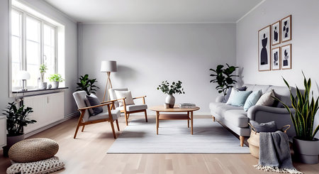 interior of modern living room with sofa and wooden table, 3d renderの素材