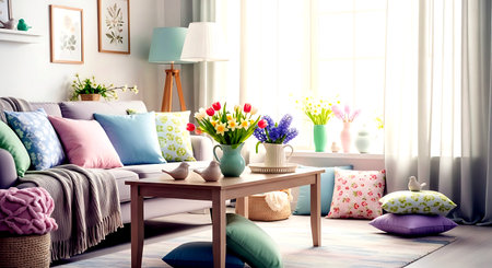 Interior of modern living room with colorful pillows and flowers in vaseの素材
