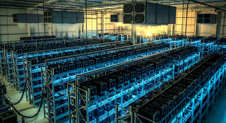 network server room with rows of blue servers in datacenter roomの素材