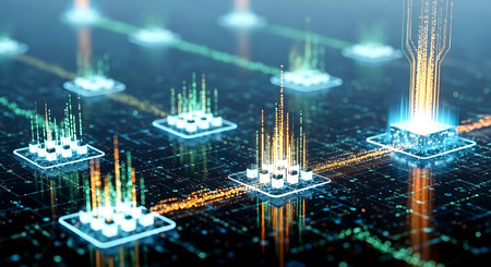 Digital data processing on a futuristic server. 3d rendering toned imageの素材