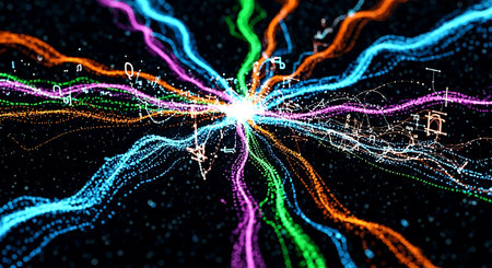 3d rendering of neon glowing particles in space with depth of field and bokeh effect. Futuristic HUD background of glowing particles with depth of field and bokeh effect.の素材