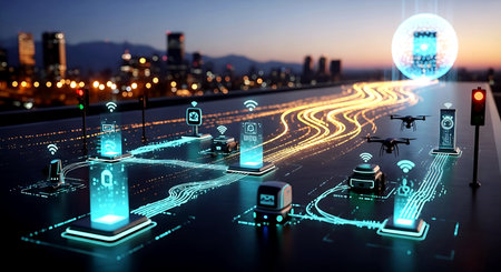 Futuristic IOT hologram over blurred cityscape background 3D renderingの素材