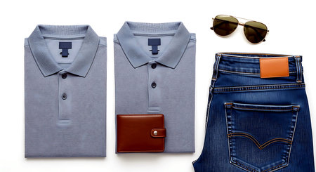 Men's clothing on a white background. Men's shirt, jeans and sunglasses.の素材