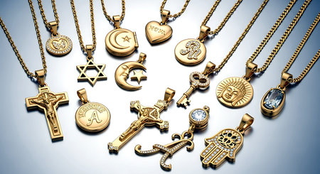 Golden crosses on a chain on a white background. 3d renderingの素材